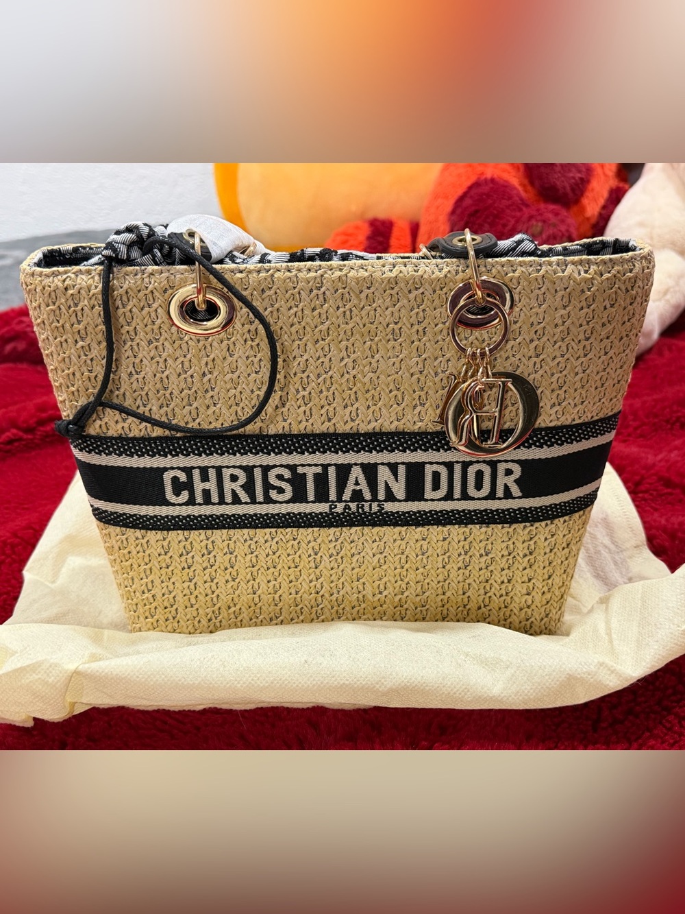 Dior Beige Straw Tote with Black Logo Band and Gold Charm